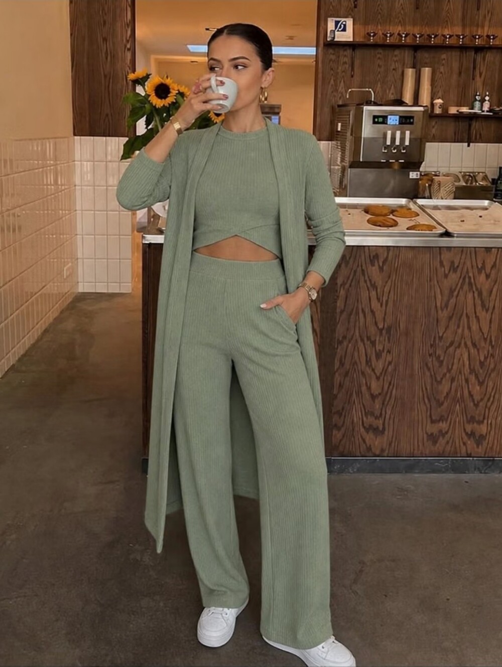 3pcs Knit Set Long Cardigan Criss Cross Crop Tank Top and Pants Lounge Set